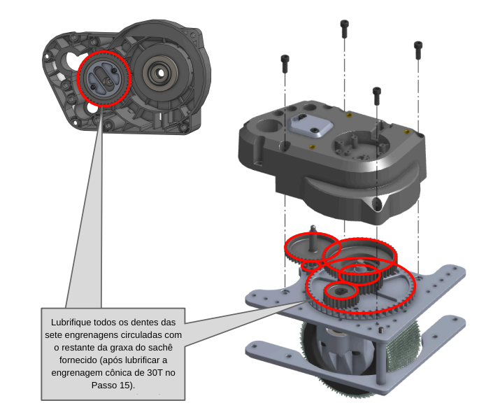 Lubrifique todos os dentes das sete engrenagens circuladas com o restante da graxa do sachê fornecido (após lubrificar a engrenagem cônica de 30T no Passo 15)..png
